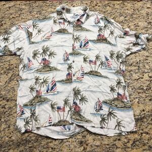 Windham Pointe Mens XL  Hawaiian Shirt American Flag Sailboat Tropical tan